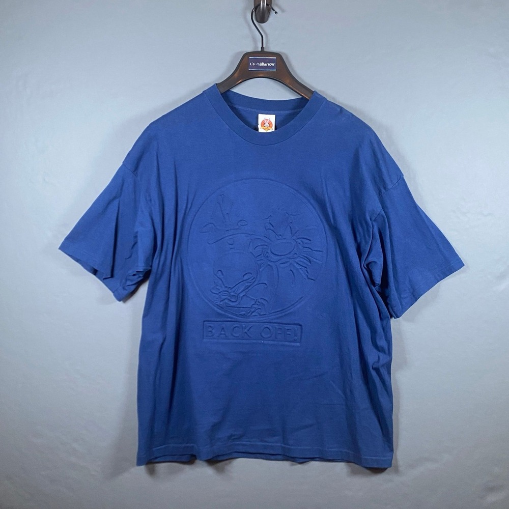 VTG 1997 Looney Tunes Back Off! Puff Print T-Shirt Blue Taz Bugs Bunny 18W/20W